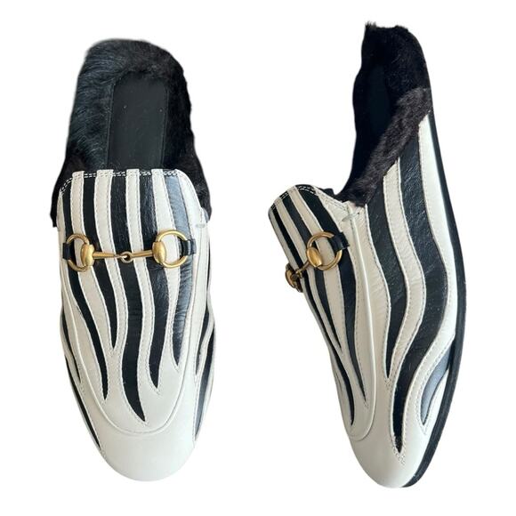 Gucci Shoes - Gucci Women’s Princetown Zebra Black White Fur Lined Slip On Round Toe Mules 37